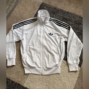 Adidas White and Black Bomber Jacket with Iconic Stripes- Medium